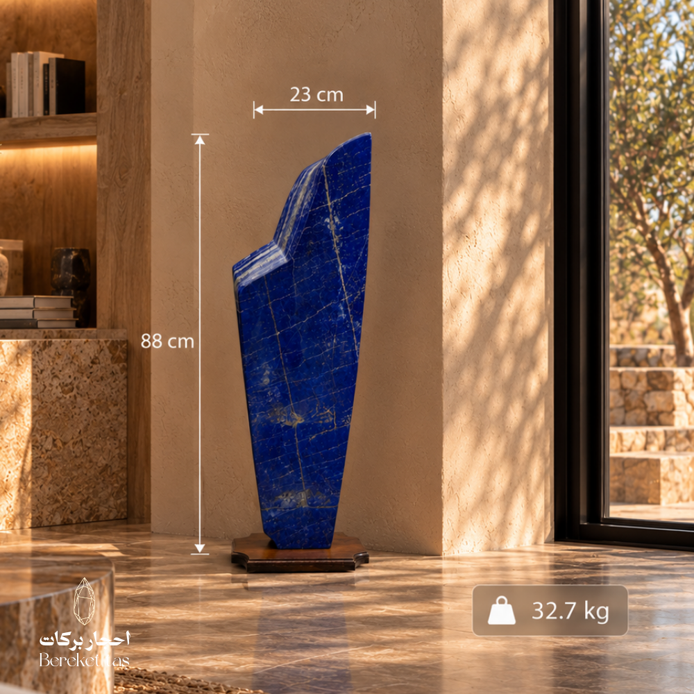 Natural Afghan Lapis Lazuli decorative sculpture showing 23 cm width, 88 cm length, and 32.7 kg weight
