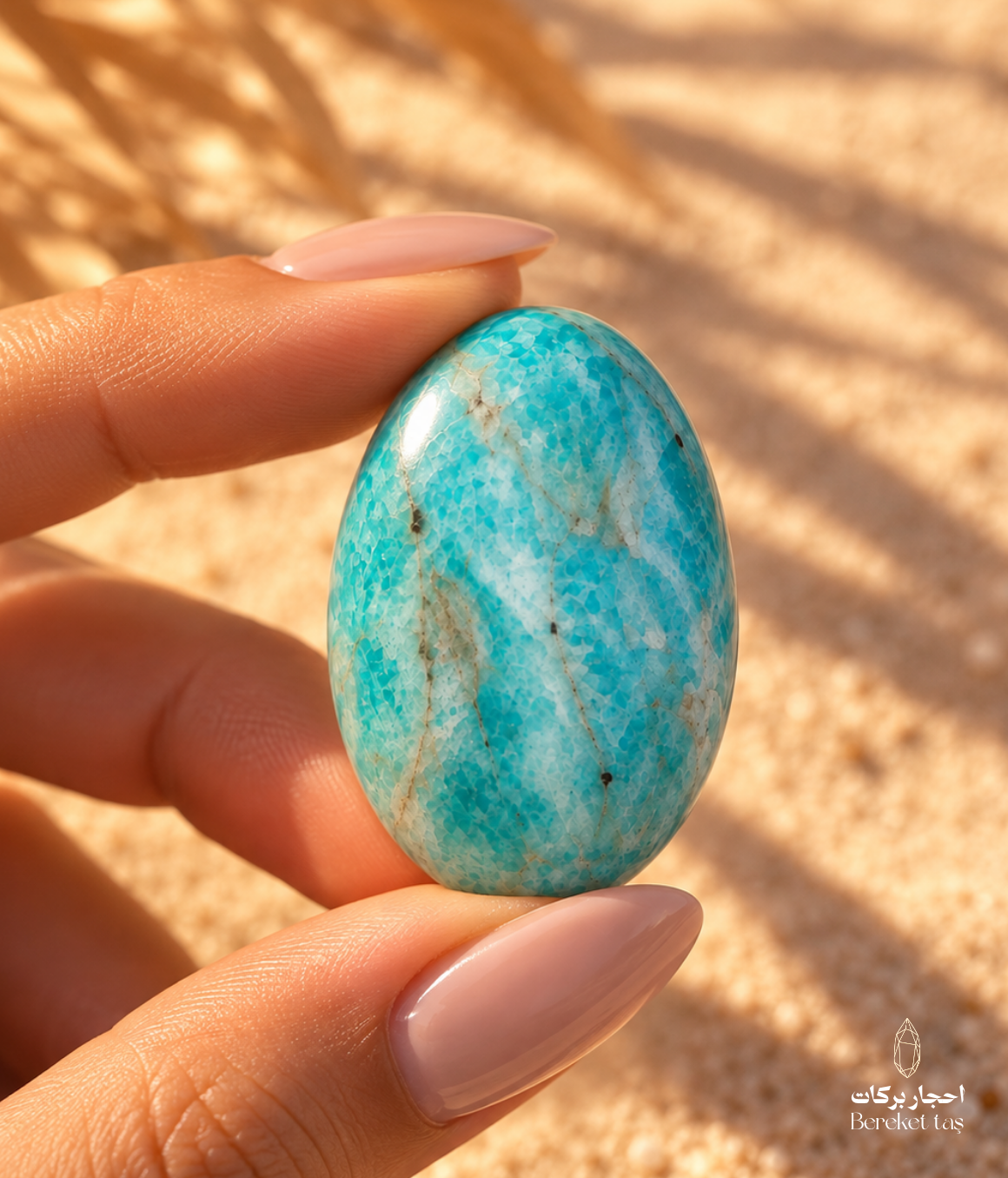 Natural polished Amazonite stone with blue-green tones held between fingers against a warm sandy background
