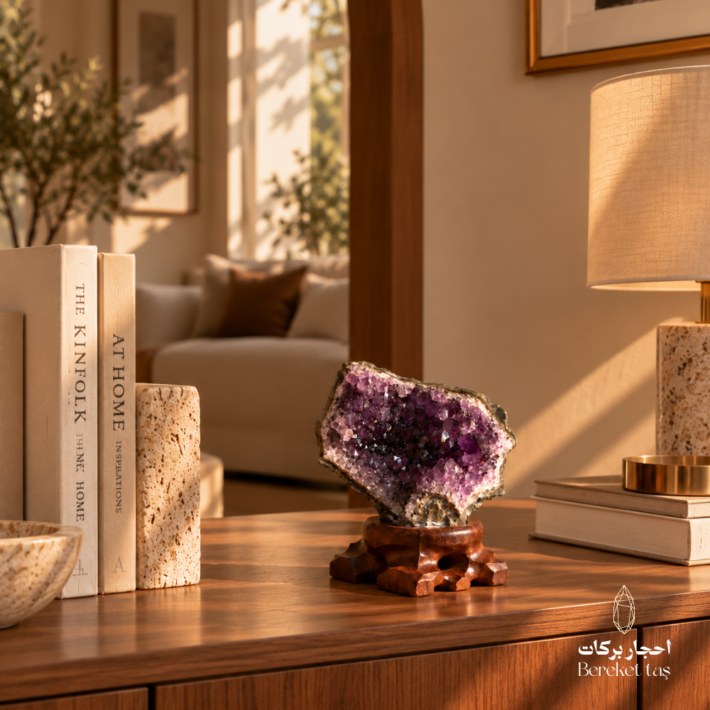 Natural Brazilian Amethyst stone displayed on a wooden stand in a warm home interior