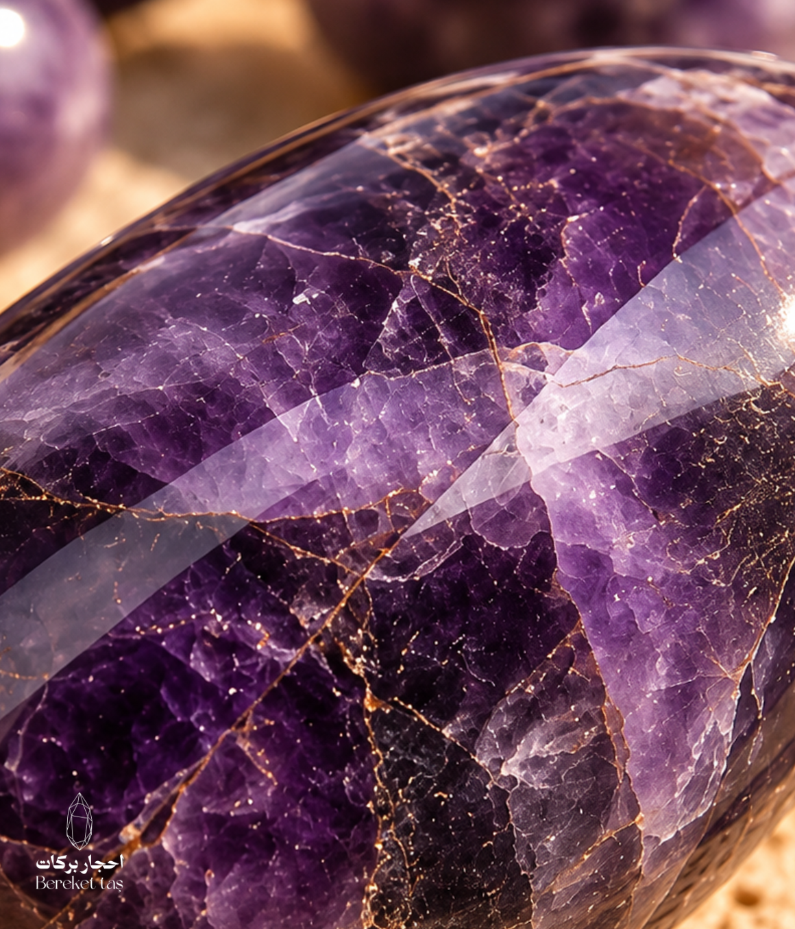 Close-up of a natural polished amethyst stone showing detailed purple crystal patterns and natural inclusions