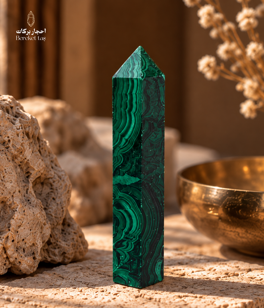 Natural Australian malachite decorative stone with vivid green layered bands displayed on a travertine surface