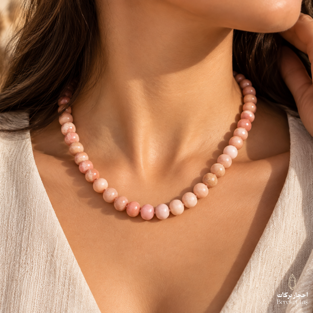 Natural Bambi Opal beaded necklace in soft pink and peach tones worn with an elegant cream outfit