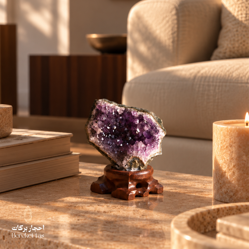 Natural Brazilian Amethyst crystal with purple formations displayed on a wooden stand in an elegant interior setting