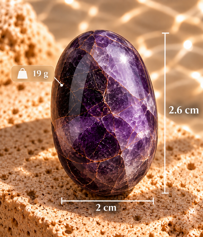 Natural polished Brazilian amethyst stone showing its purple patterns, 19 g weight, and 2.6 cm by 2 cm dimensions