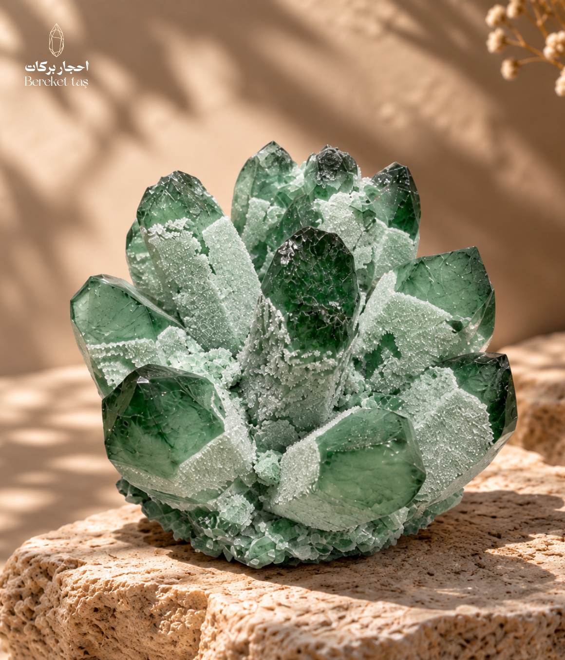 Natural Brazilian green quartz crystal cluster with translucent green formations displayed on a stone base