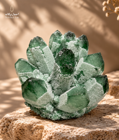 Natural Brazilian green quartz crystal cluster with translucent green formations displayed on a stone base