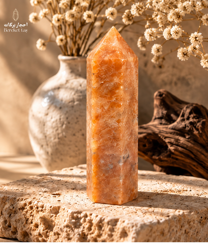 Natural Brazilian orange calcite tower with translucent crystal formations