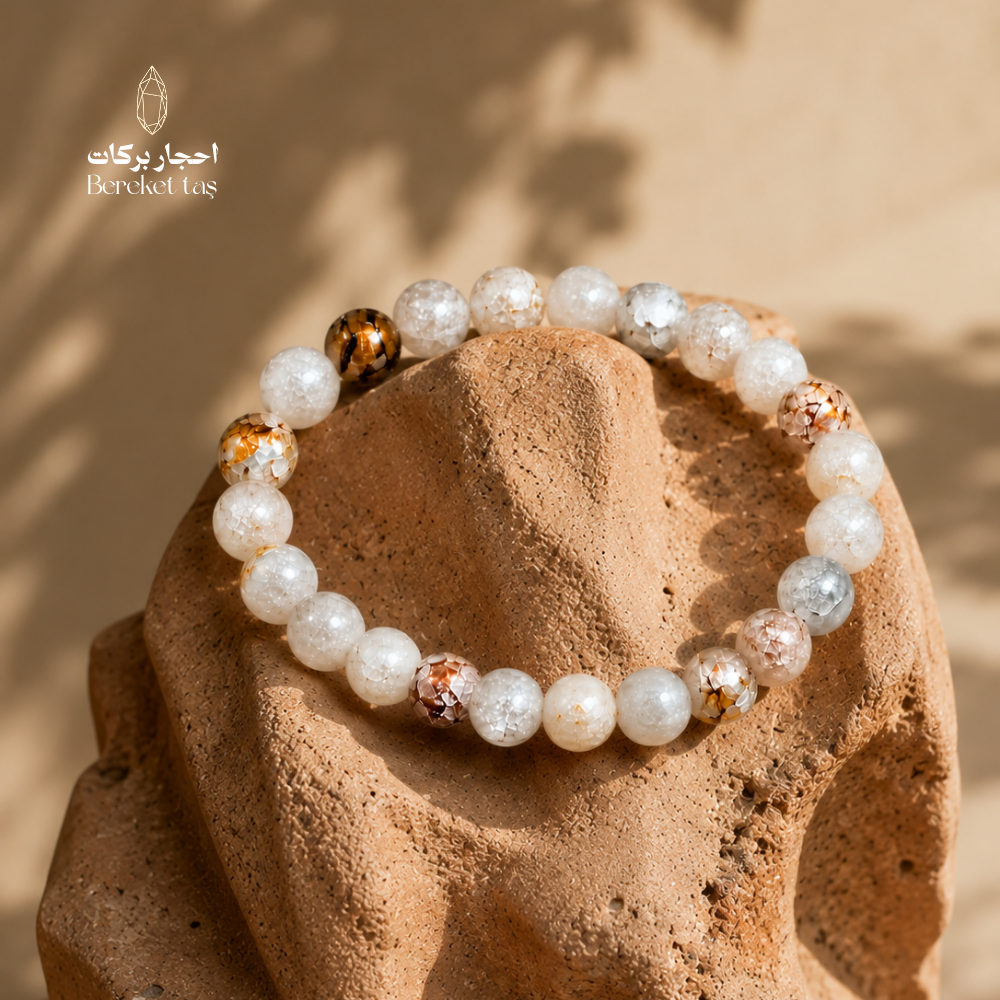 Natural Celestite stone bracelet with white and light gray 7 mm beads, 16 cm total length, by Bereket Taş