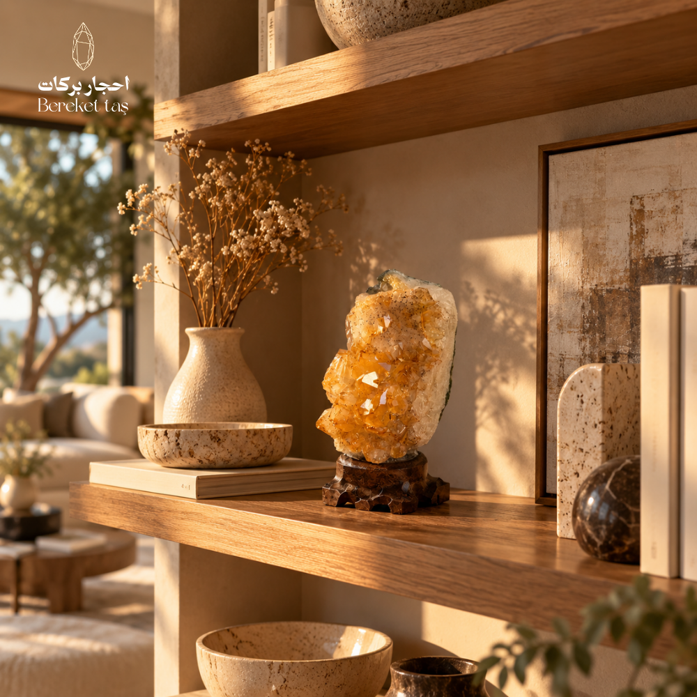 Natural Citrine crystal decorative piece displayed on a wooden shelf in a warm interior setting