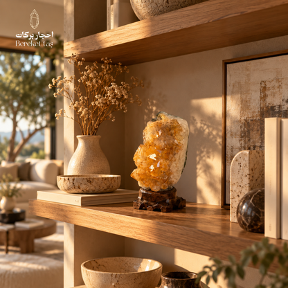 Natural Citrine crystal decorative piece displayed on a wooden shelf in a warm interior setting