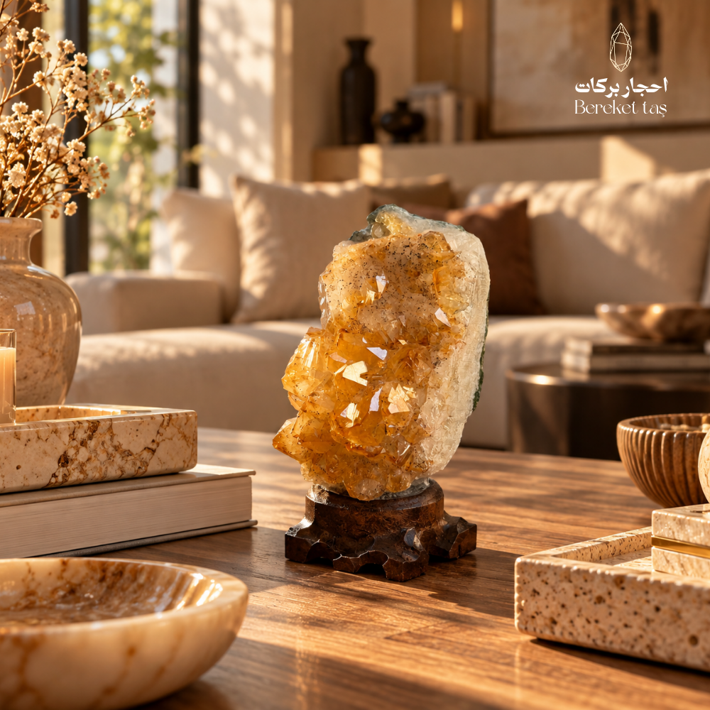 Natural Citrine crystal specimen displayed on a wooden table in an elegant living room