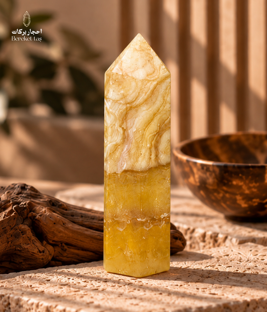 Natural Honey Calcite decorative stone with warm golden tones and layered patterns displayed on a travertine surface