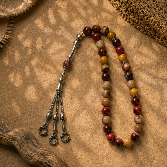Natural multicolor Jasper Tasbih with dark brown, light brown, beige and mustard beads on a textured surface