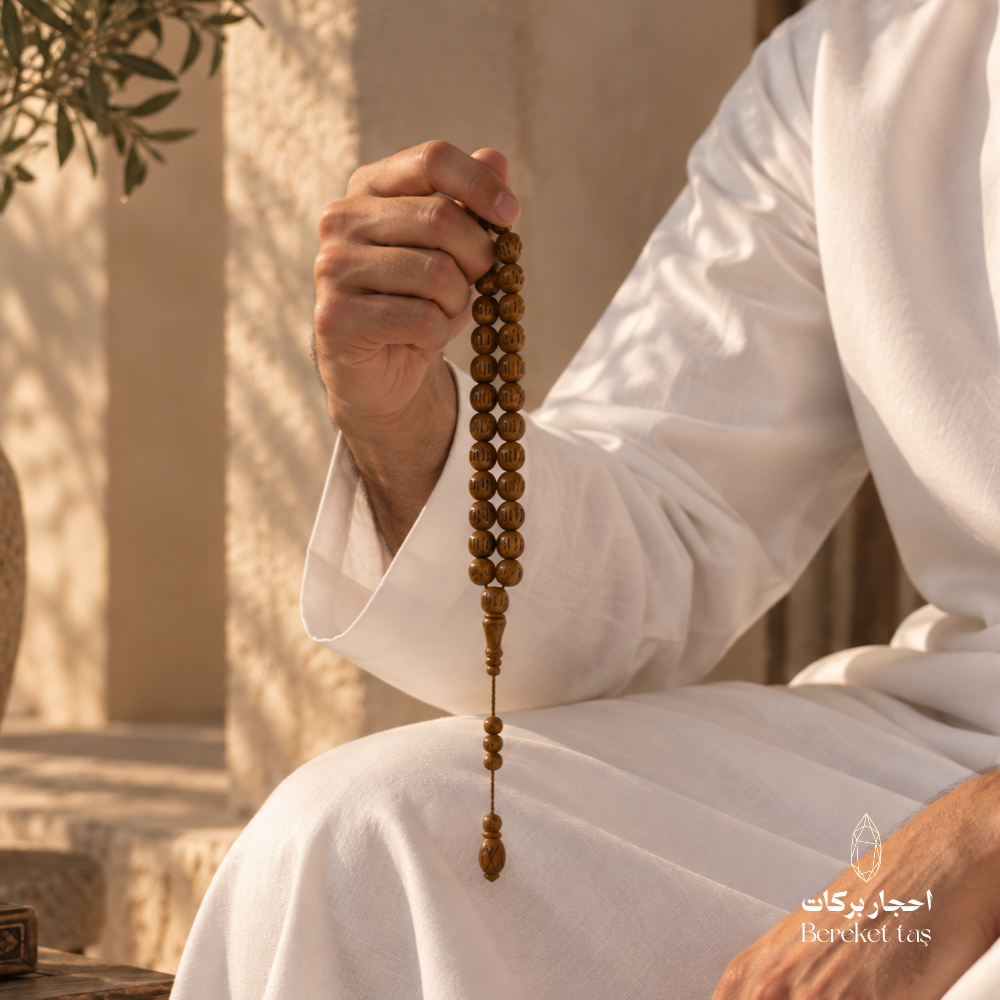 Natural Kuka Prayer Beads held in hand, showcasing polished brown wooden beads and classic design in a lifestyle setting