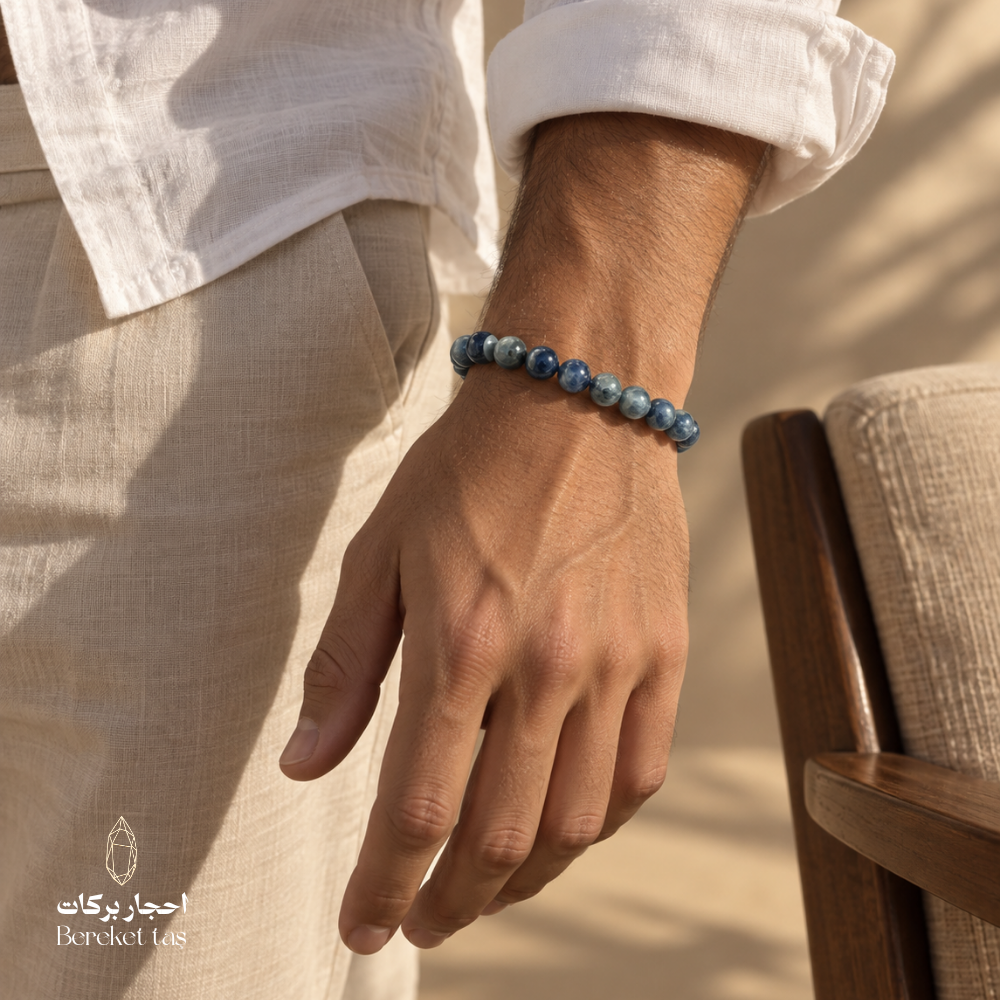 Natural Kyanite stone bracelet with blue beads worn on the wrist
