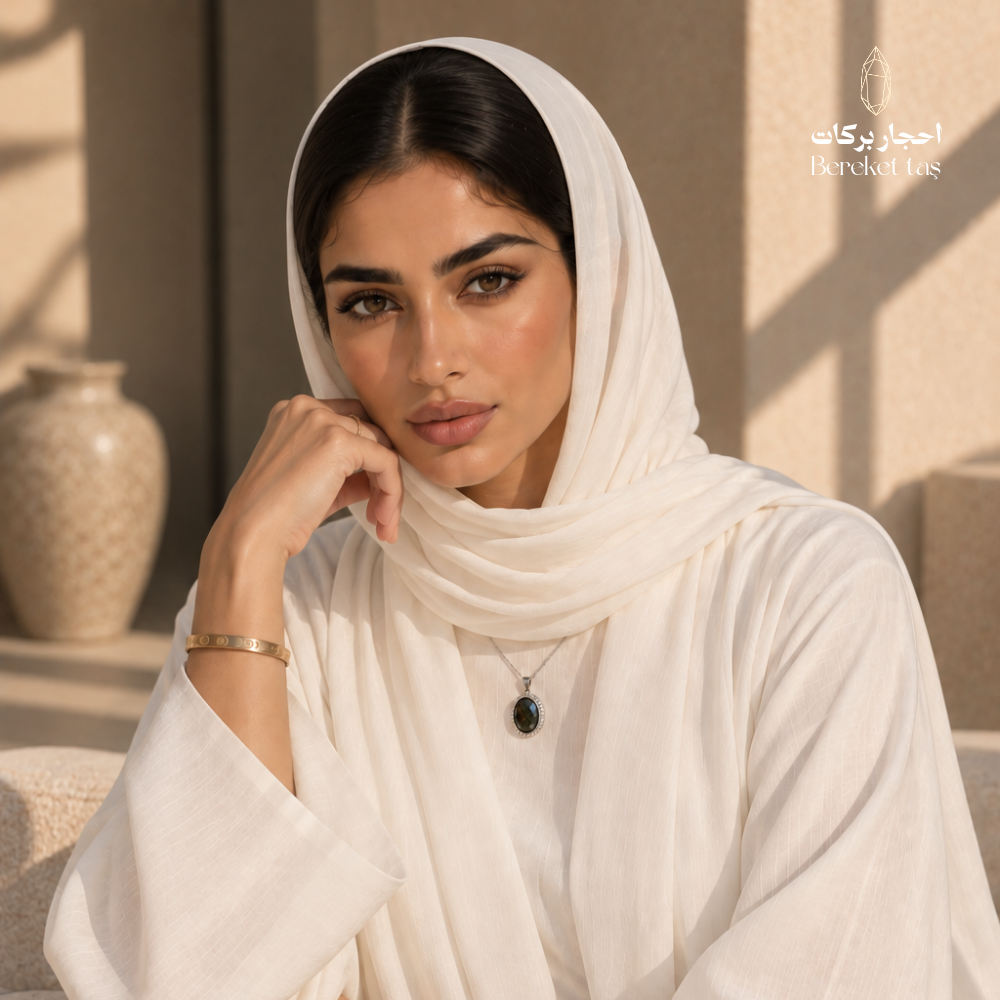 Natural Labradorite Peacock Stone pendant necklace with a silver chain worn with an elegant white outfit