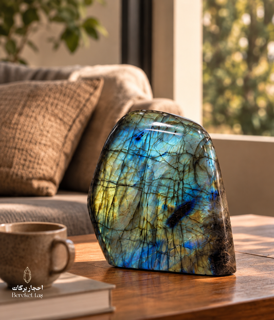 Natural Madagascar Labradorite stone with blue and green flashes displayed on a wooden table