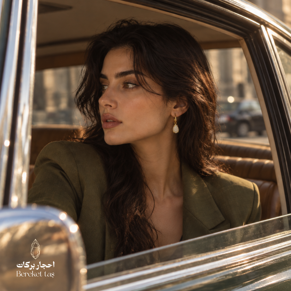 Natural Moonstone drop earring with gold-plated metal worn in an elegant vintage car setting