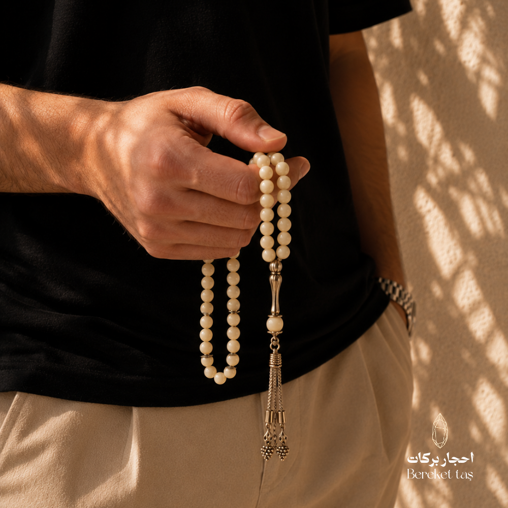 Natural Mother of Pearl Shell Tasbih – 10 mm – 25 cm | Bereket Taş