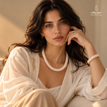 Woman wearing a natural pearl necklace and matching bracelet in an elegant look