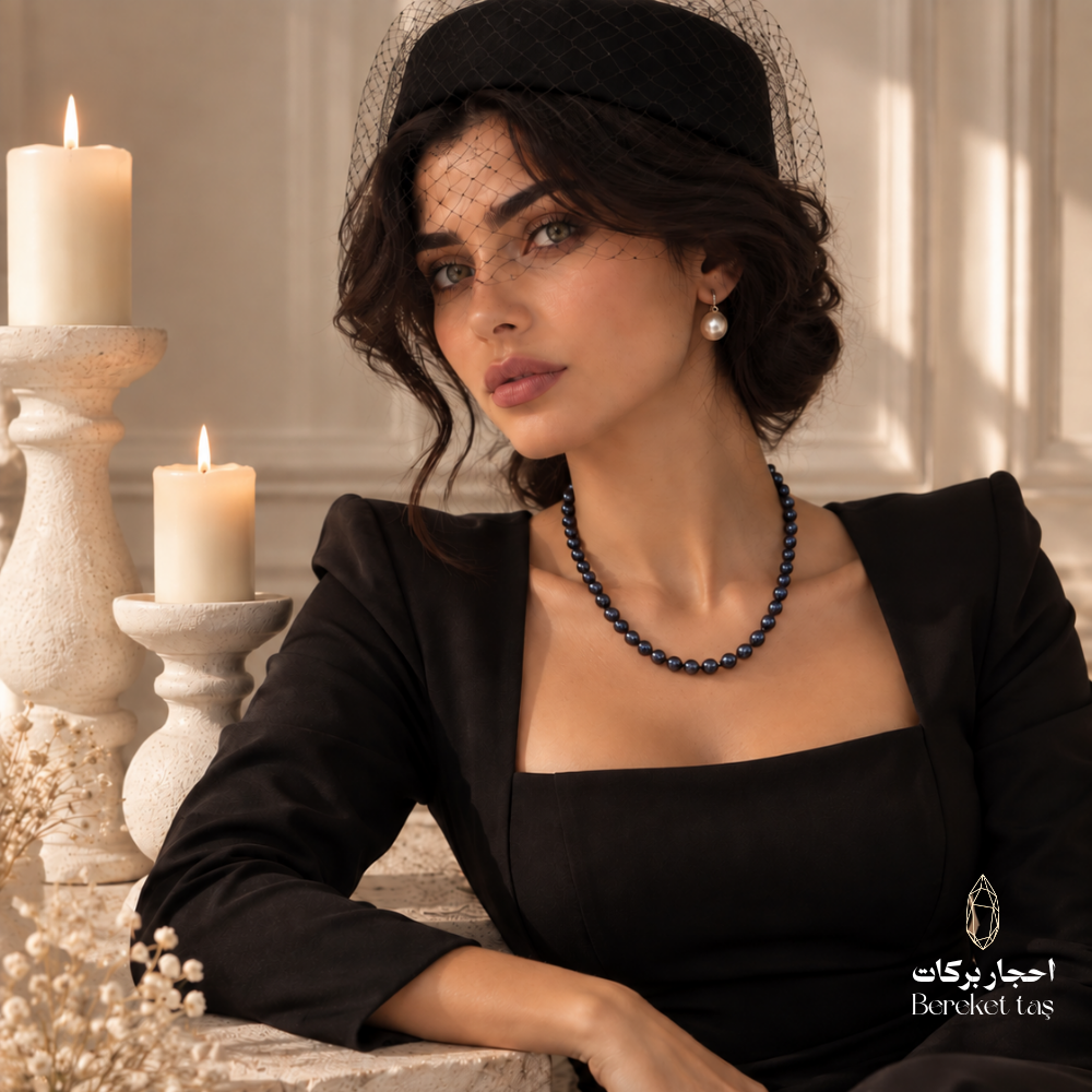 Natural black and deep navy Pearl necklace styled with an elegant black evening dress