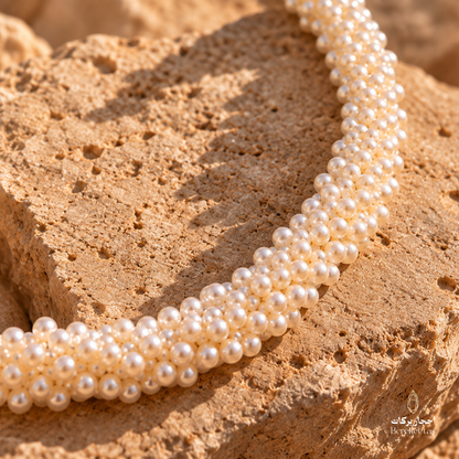 Close-up detail of natural pearl necklace with lustrous pearl beads