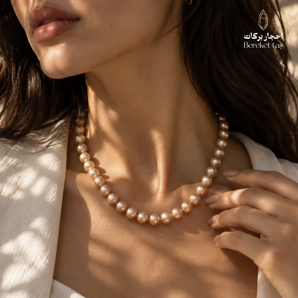 Natural Pearl handmade necklace worn with an elegant cream outfit in warm natural light