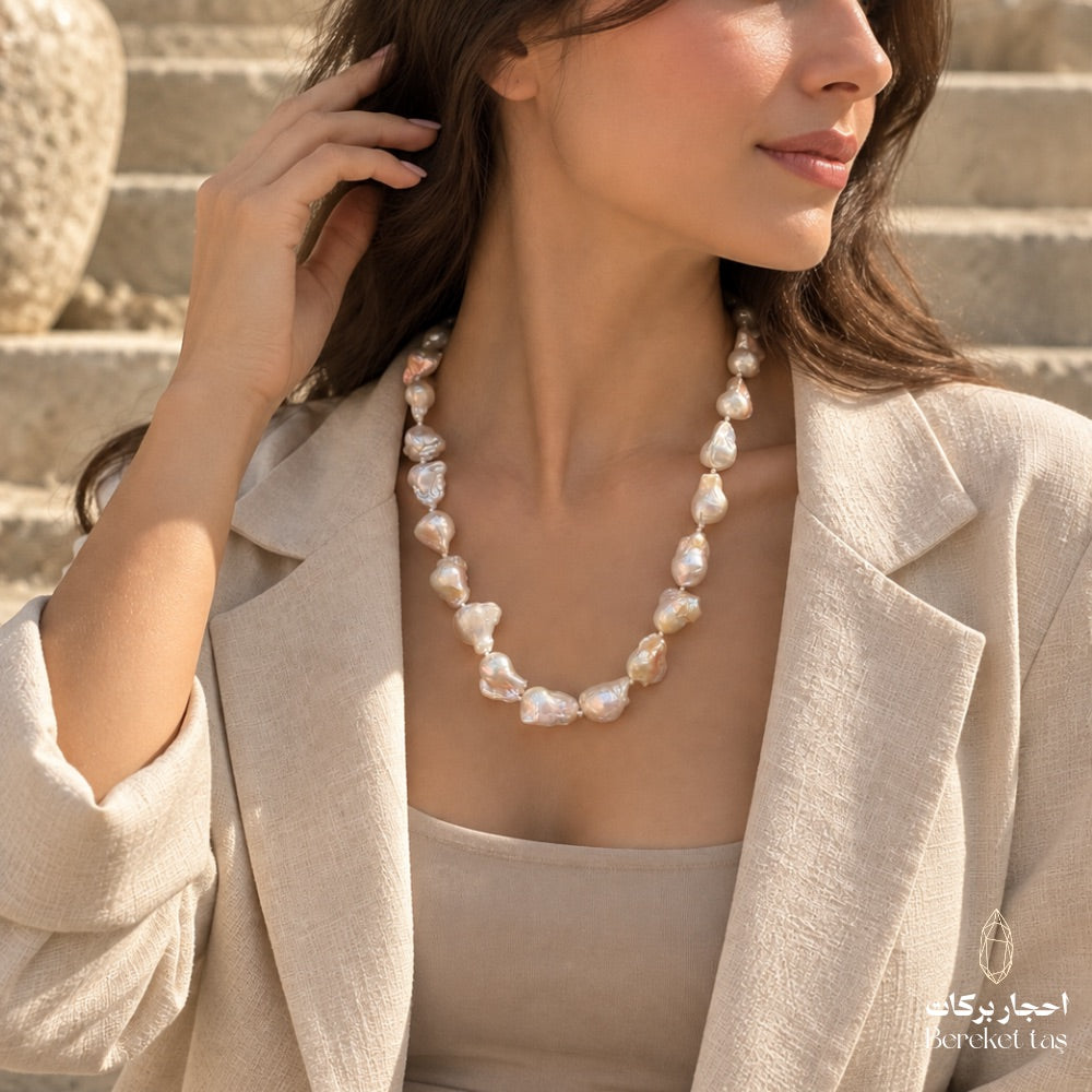 Natural Pearl handmade necklace styled with an elegant neutral outfit