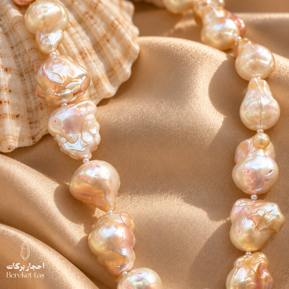 Natural Pearl necklace featuring luminous irregular beads arranged on soft satin fabric beside a seashell