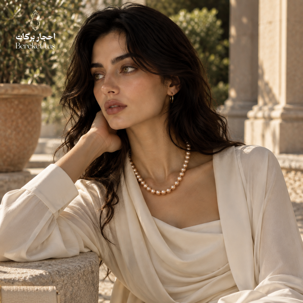 Natural Pearl handmade necklace styled with an elegant cream outfit in an outdoor setting