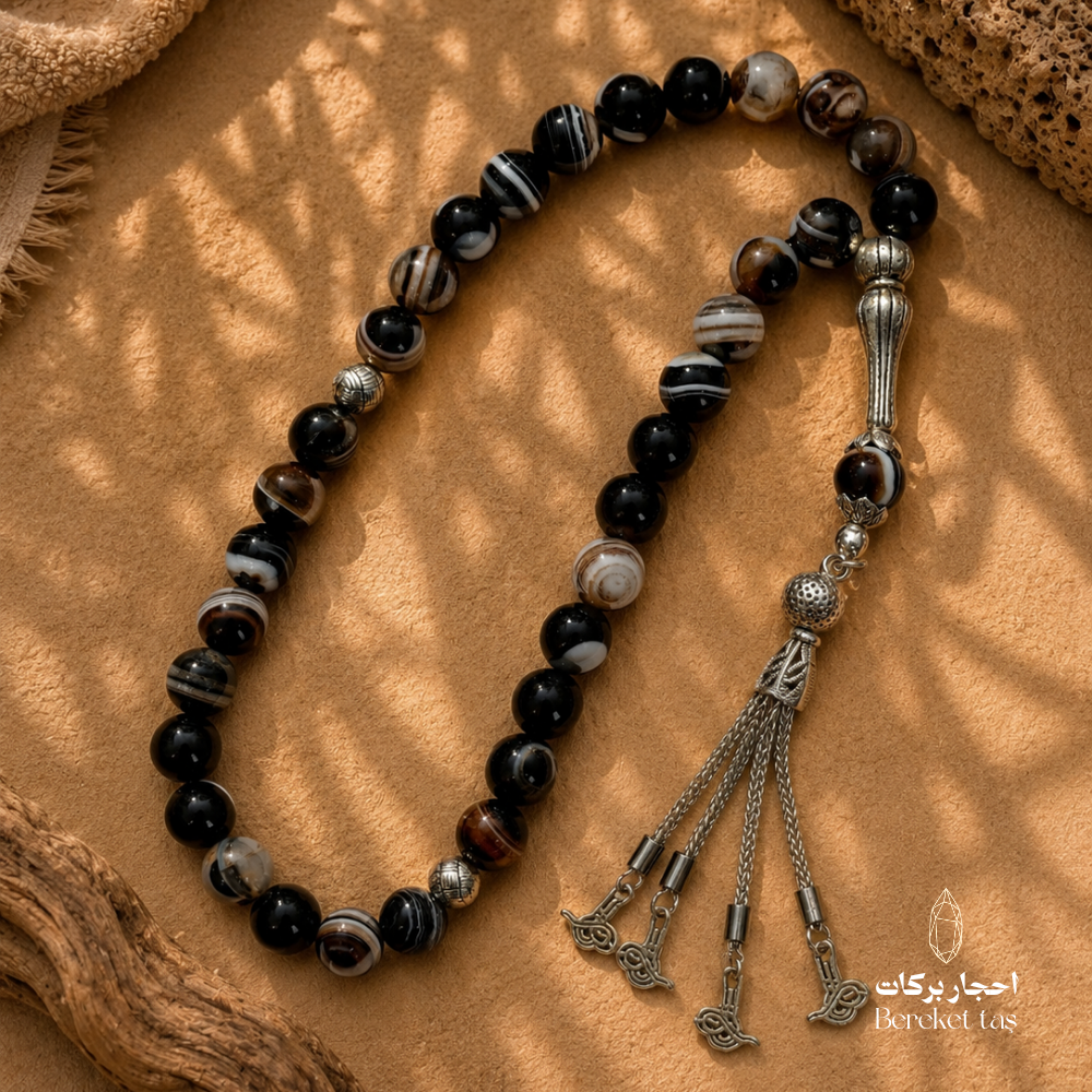 Natural Picture Jasper Tasbih 10mm, 280mm, black and gray stone beads