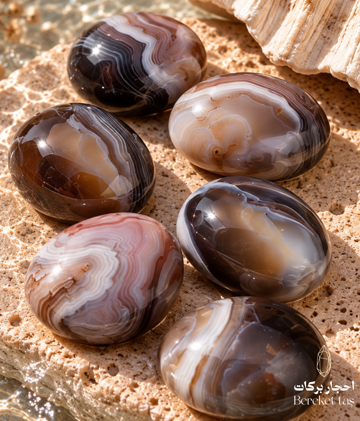 Natural polished Banded Botswana Agate stones with distinctive brown, beige, and white layered patterns displayed on a warm stone surface
