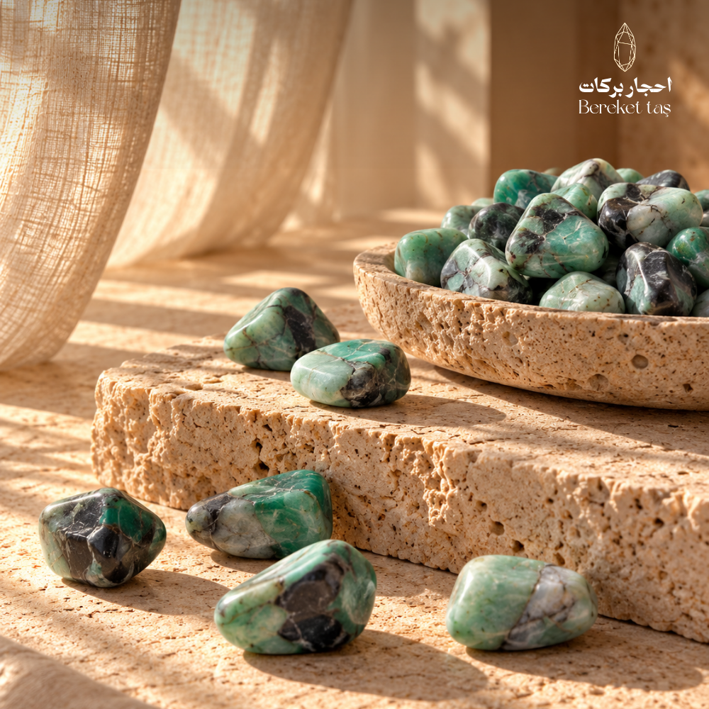 Natural polished Emerald stones in green and dark natural patterns displayed on a warm beige stone surface