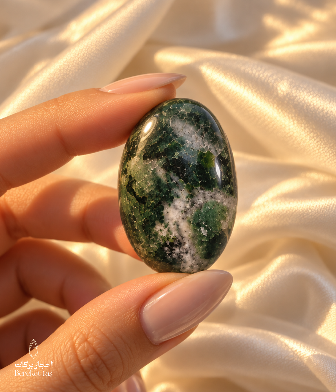 Natural polished Moss Agate individual stone held between fingers, showing its deep green and white natural patterns