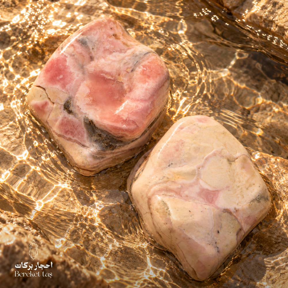 Natural polished Rhodochrosite stones with pink and cream tones displayed in clear flowing water