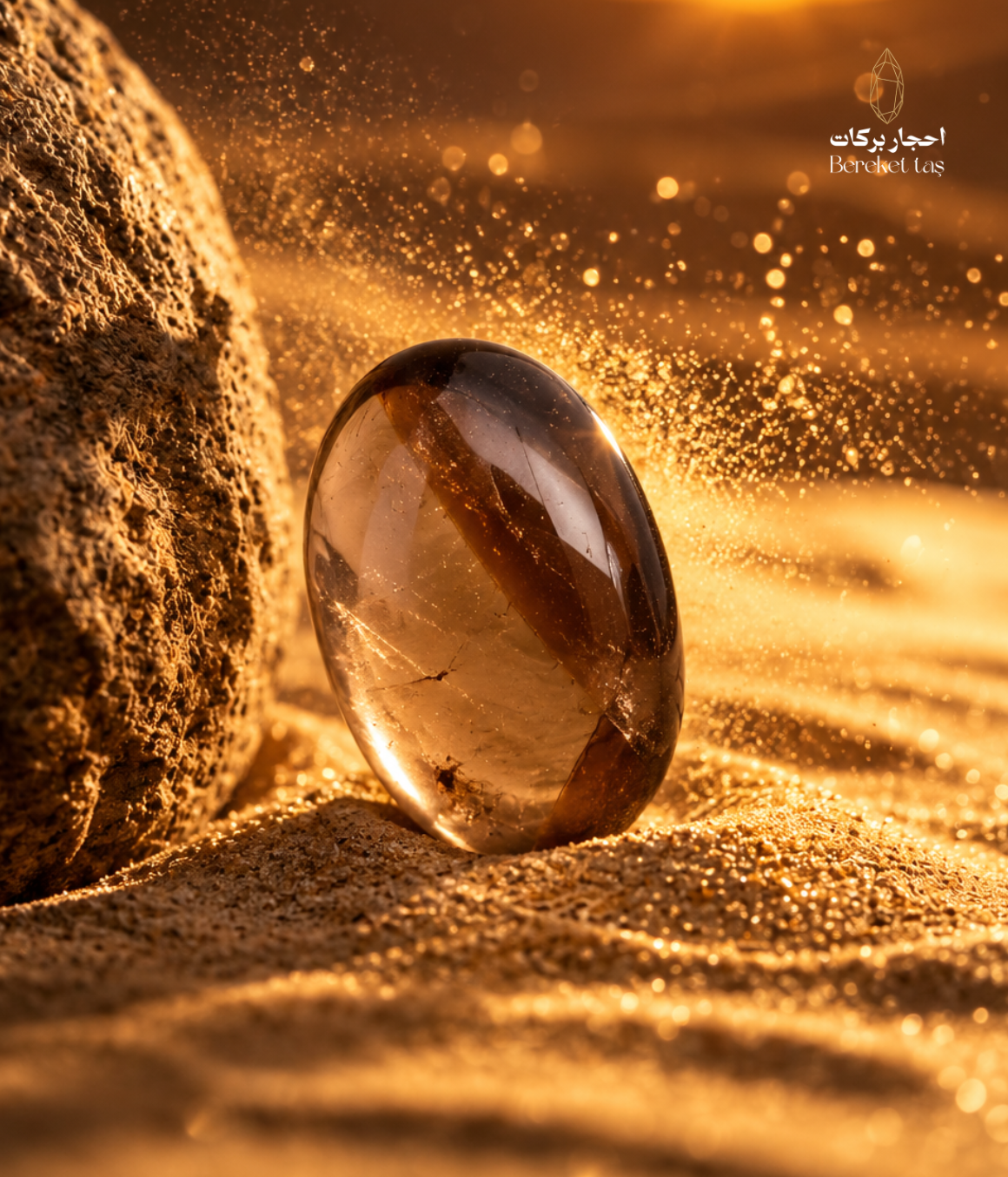 Natural polished Smoky Quartz individual stone displayed on a textured surface under warm golden lighting