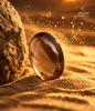 Natural polished Smoky Quartz individual stone displayed on a textured surface under warm golden lighting