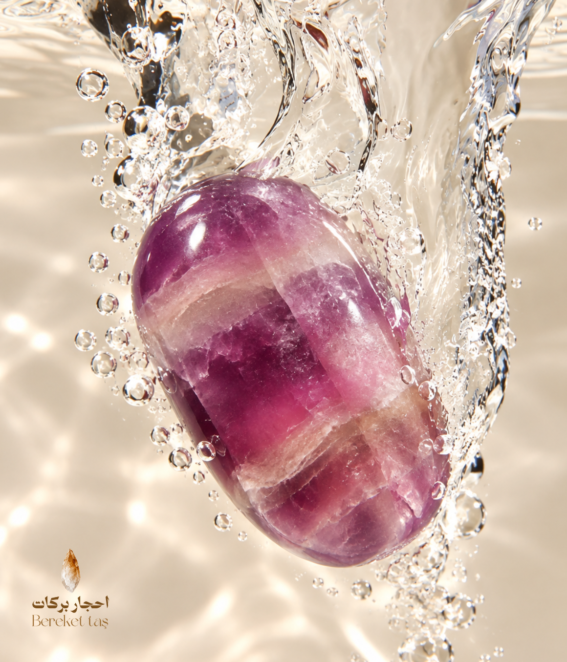 Natural polished purple Fluorite stone surrounded by splashing water, showcasing its layered purple and translucent bands
