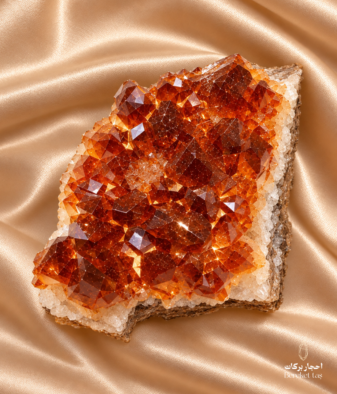 Natural raw Citrine crystal cluster with rich golden orange tones and detailed crystal formations displayed on satin fabric