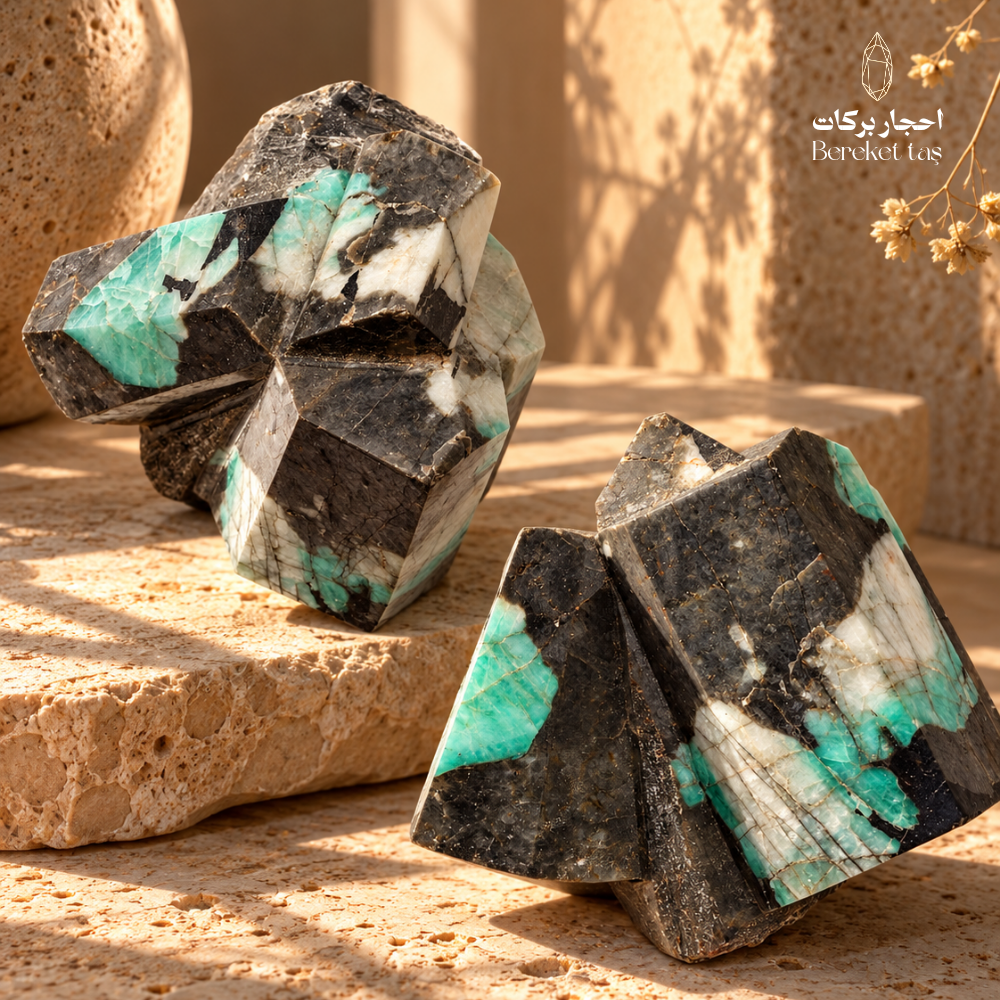 Natural raw Emerald stones with green and white mineral patterns displayed on a warm beige stone surface