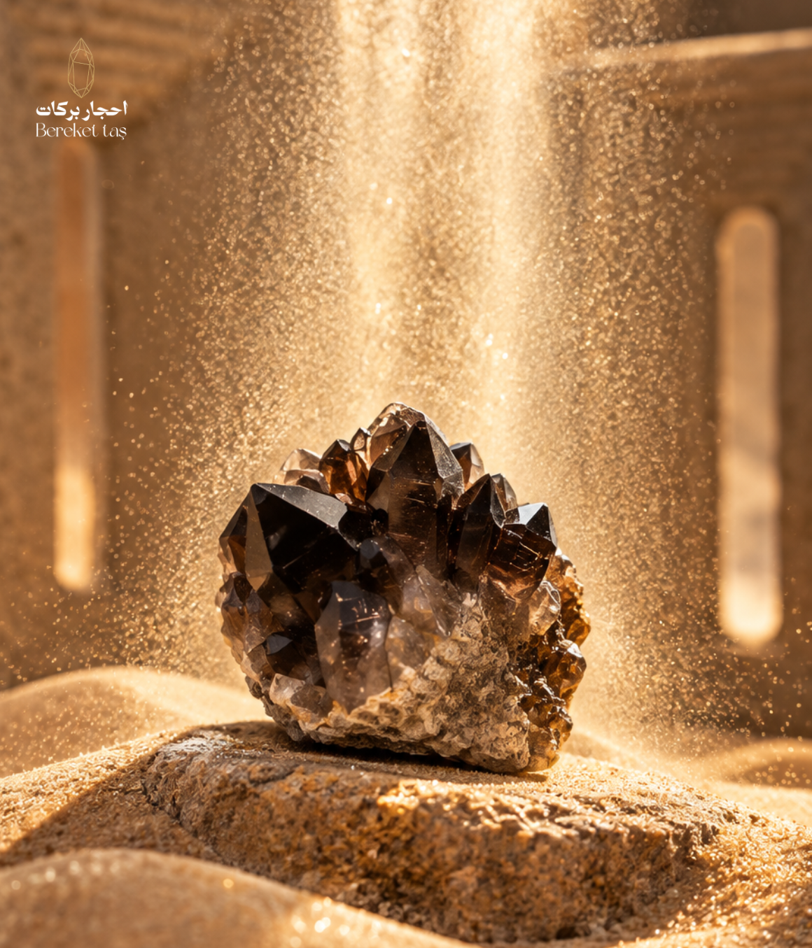 Natural raw Smoky Quartz crystal cluster displayed on a textured stone surface with warm golden lighting