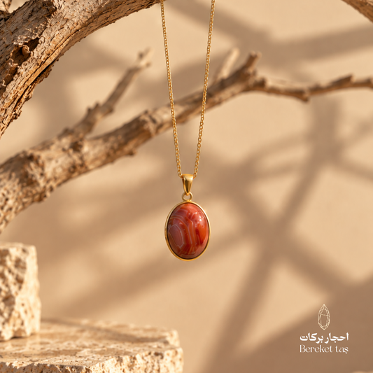 Natural Red Agate pendant necklace with a gold-plated chain displayed against a warm natural wood setting