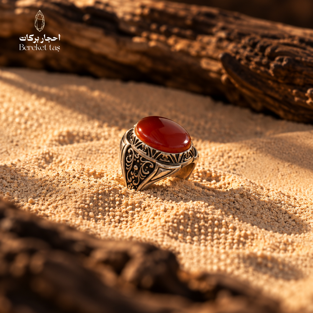 Natural Red Agate men's ring in 925 Sterling Silver displayed on warm desert sand, highlighting the polished red gemstone and ornate silver setting.