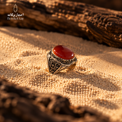 Natural Red Agate men's ring in 925 Sterling Silver displayed on warm desert sand, highlighting the polished red gemstone and ornate silver setting.