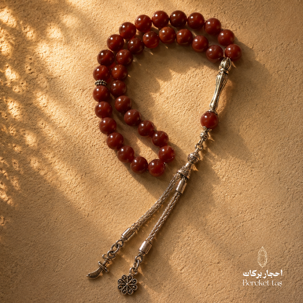 Natural red agate stone tasbih with polished 10 mm beads and silver-tone details by Bereket Tas