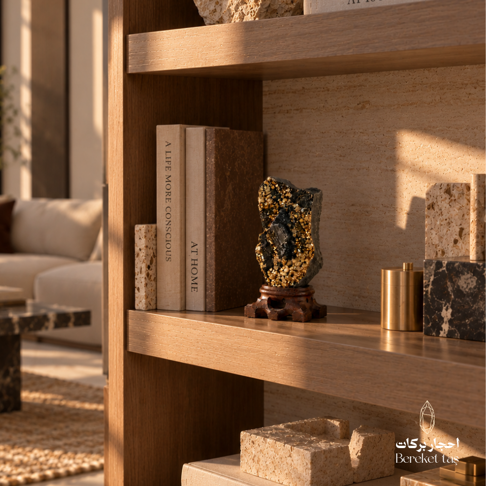 Natural black Shungite with golden Pyrite displayed on a wooden shelf in an elegant home interior