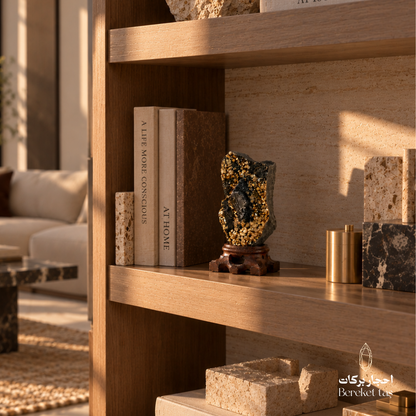 Natural black Shungite with golden Pyrite displayed on a wooden shelf in an elegant home interior