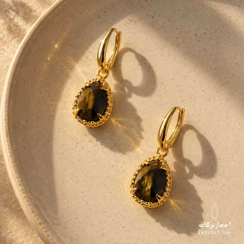 Natural Tiger Eye earrings with gold-plated metal displayed on a ceramic plate in warm sunlight