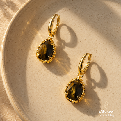 Natural Tiger Eye earrings with gold-plated metal displayed on a ceramic plate in warm sunlight