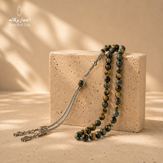 Natural Tiger Eye mesbaha with honey brown and dark green beads, 30 cm length and 10 mm bead size